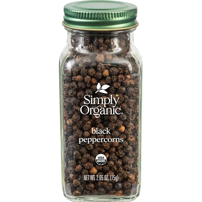 Simply Organic Whole Black Peppercorns, glass jar